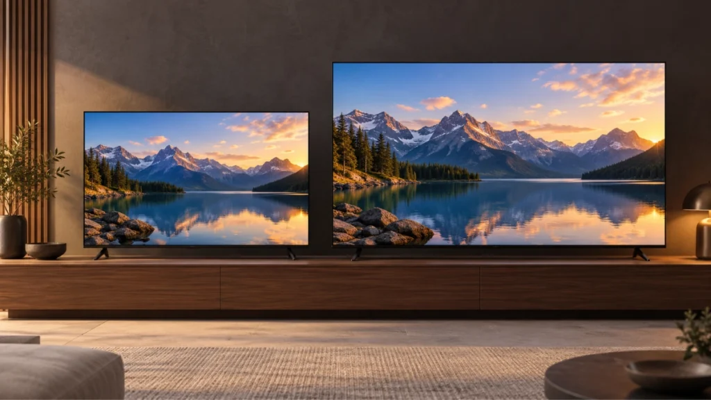 Ilustração de duas TVs de tamanhos diferentes lado a lado sobre um rack, exibindo uma paisagem de montanhas e lago.