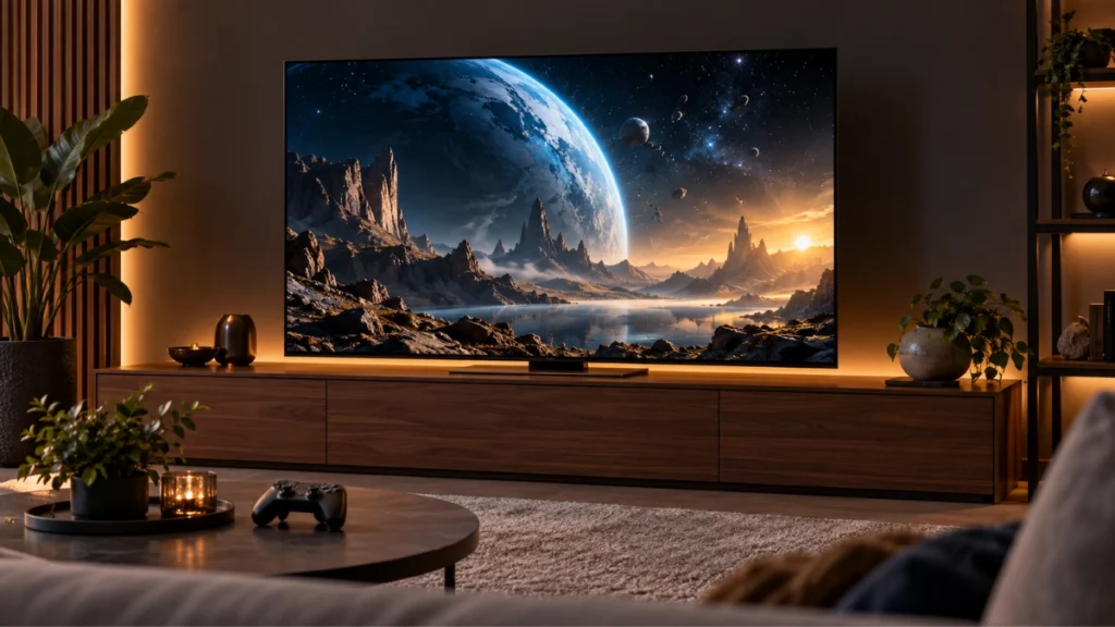 Smart TV exibindo uma paisagem espacial em sala com iluminação suave e controle de videogame sobre a mesa.
