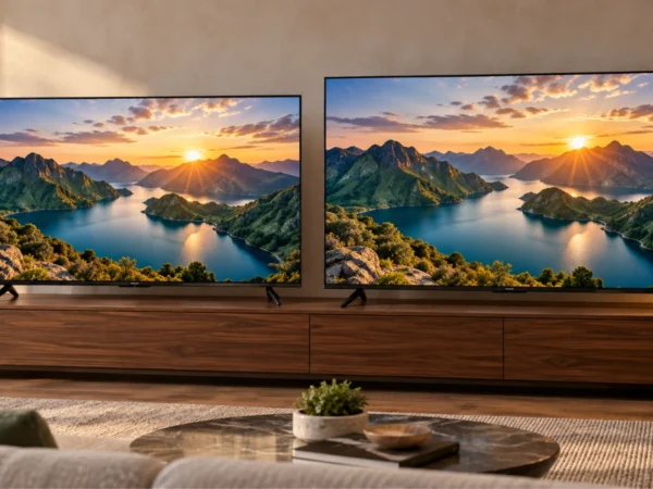 Smart TVs TCL P7L de 50 polegadas e C6K de 55 polegadas lado a lado em uma sala de estar