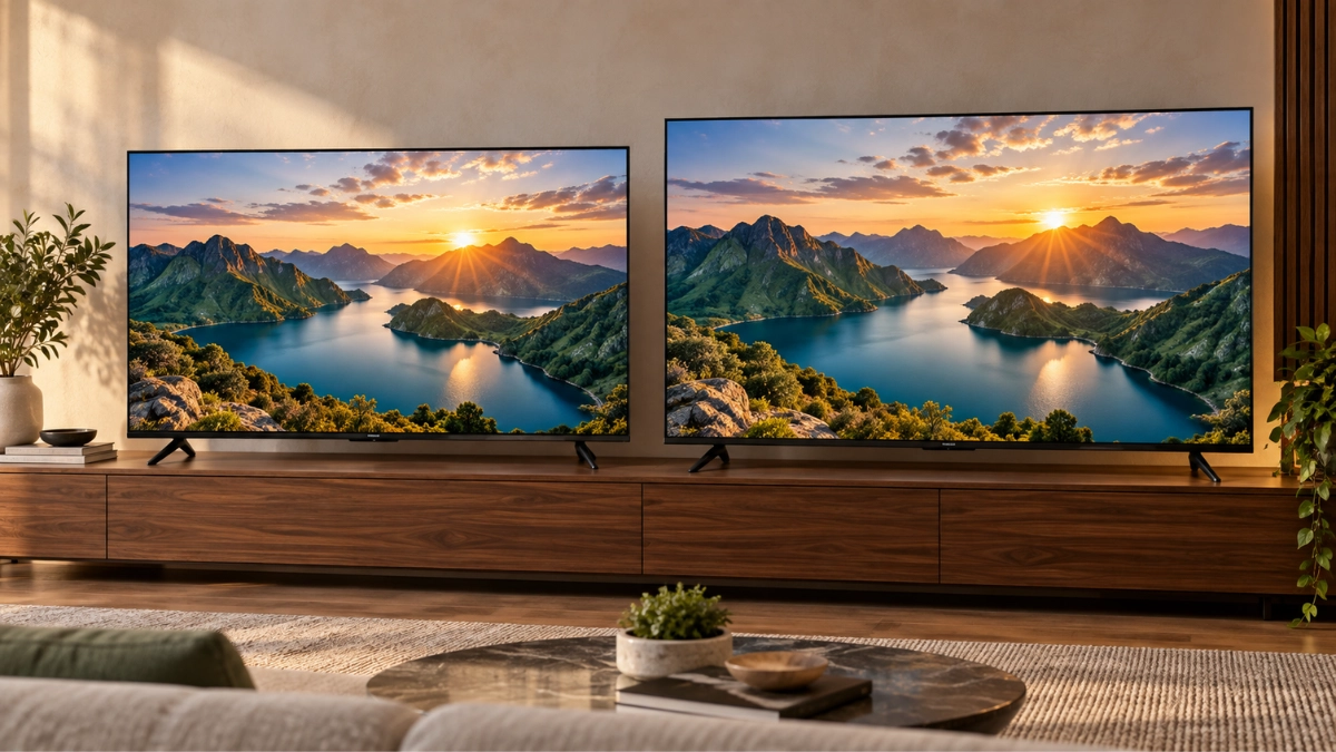 Smart TVs TCL P7L de 50 polegadas e C6K de 55 polegadas lado a lado em uma sala de estar