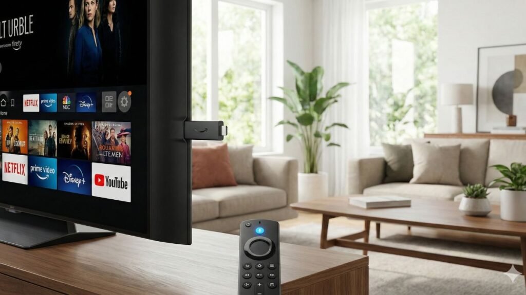Fire TV Stick conectado à Smart TV com controle da Alexa.