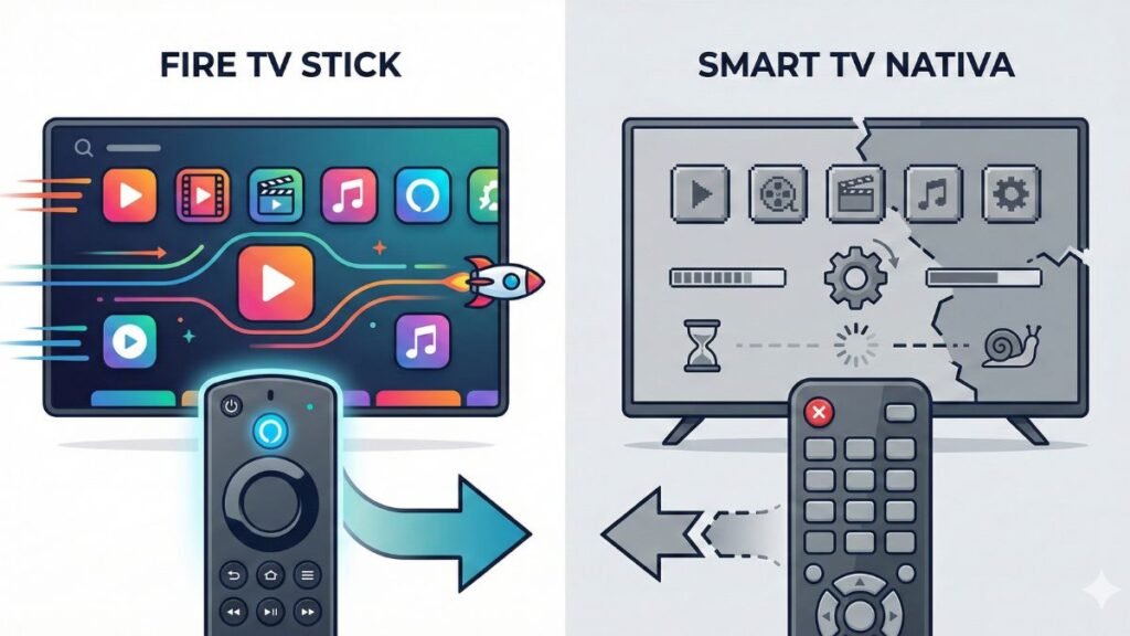 Comparação entre Fire TV Stick e sistema nativo da Smart TV.