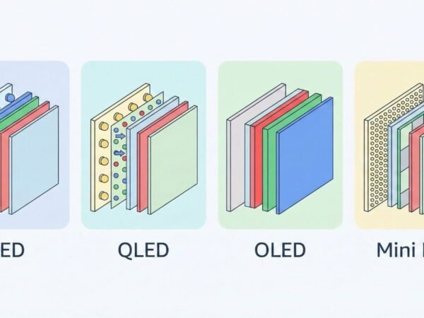 diferença entre TV LED QLED OLED e Mini LED comparativo visual