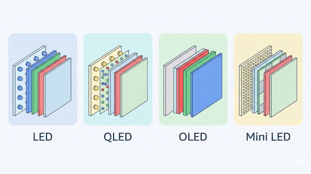 diferença entre TV LED QLED OLED e Mini LED comparativo visual