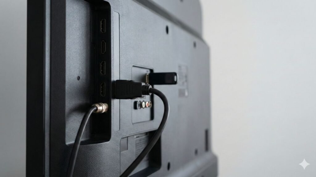 Parte traseira de Smart TV com cabo HDMI, antena digital e pen drive conectados