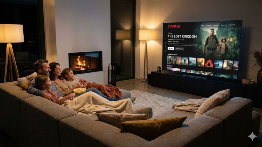Família assistindo conteúdo de streaming em uma Smart TV
