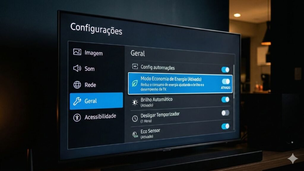 Menu de Smart TV mostrando modo economia de energia ativado