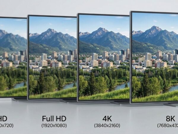Comparação entre resolução HD, Full HD, 4K e 8K mostrando diferença de nitidez
