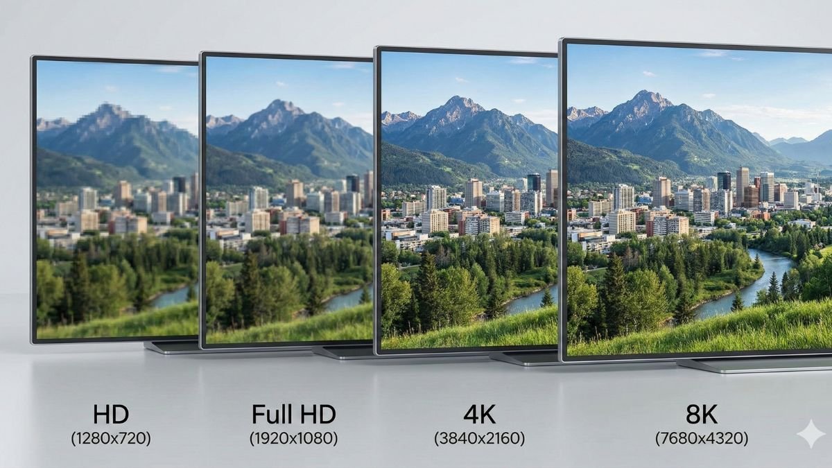 Comparação entre resolução HD, Full HD, 4K e 8K mostrando diferença de nitidez