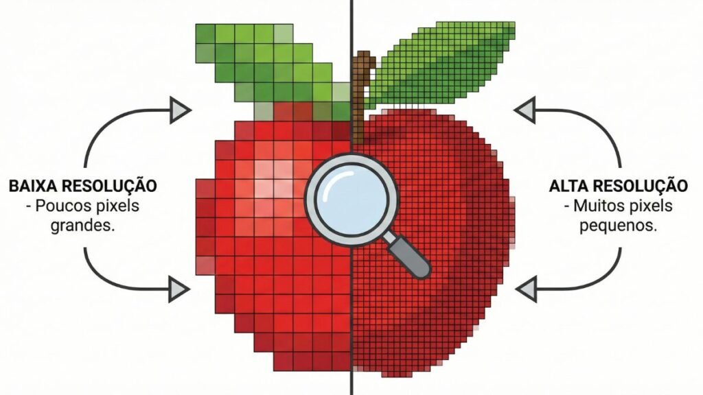 Exemplo visual de pixels mostrando diferença entre baixa e alta resolução de TV