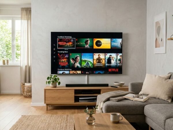 Smart TV ligada em sala moderna mostrando interface de streaming