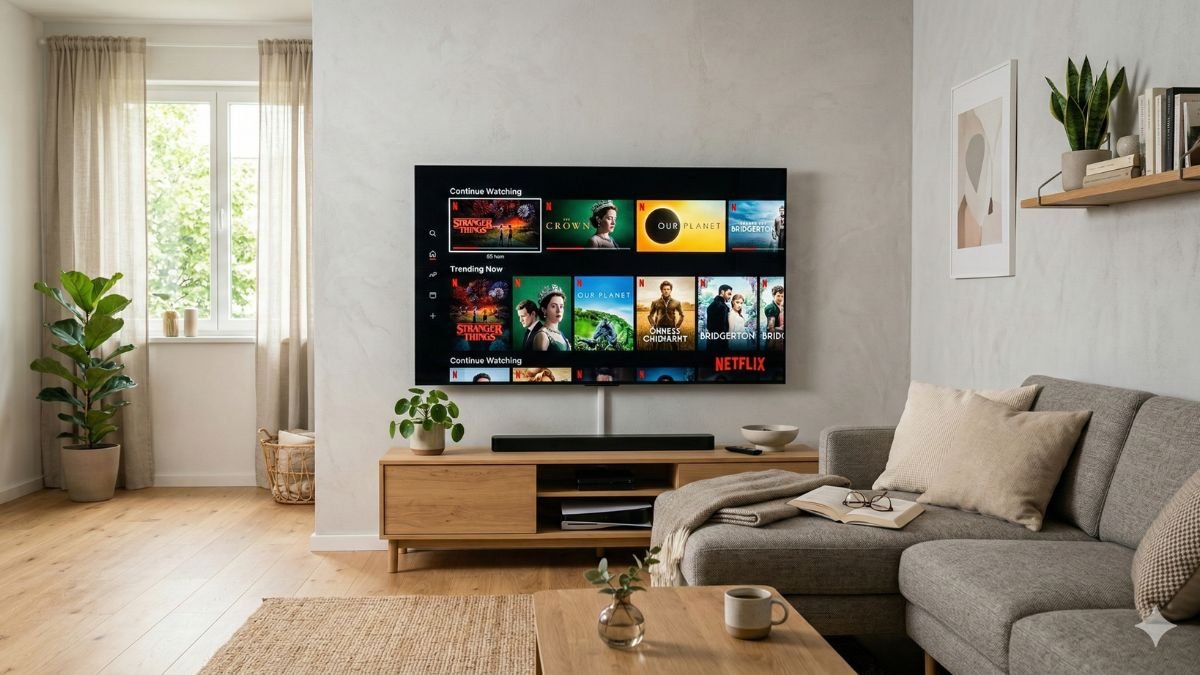 Smart TV ligada em sala moderna mostrando interface de streaming