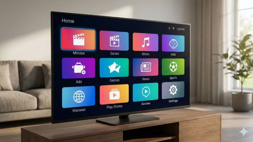 Tela inicial de Smart TV com aplicativos de streaming mostrando funções que dependem de internet