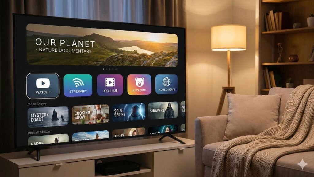 Smart TV com interface de aplicativos de streaming na tela
