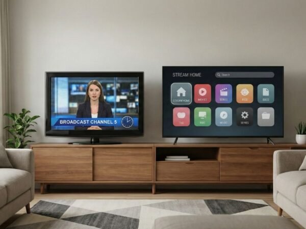 Comparação entre Smart TV e TV comum lado a lado em sala moderna