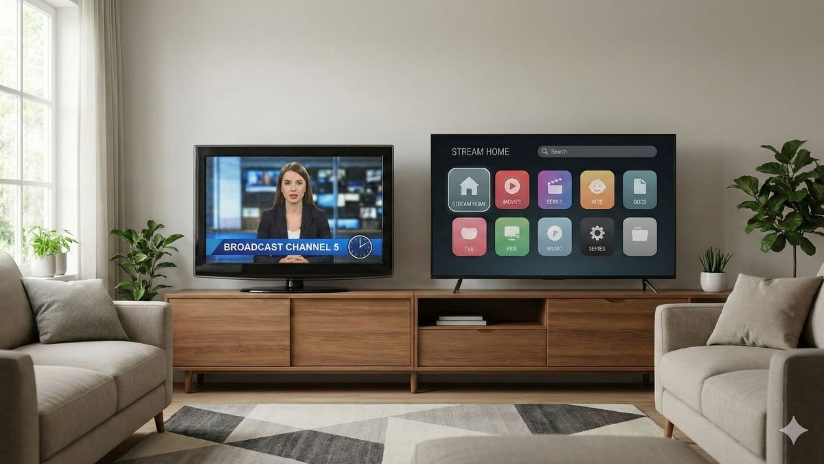 Comparação entre Smart TV e TV comum lado a lado em sala moderna