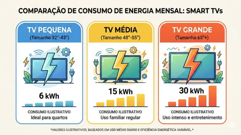 Comparação de tamanhos de Smart TV mostrando diferença entre 32, 50 e 65 polegadas