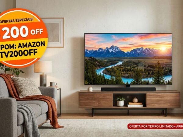 Cupom Amazon com R$ 200 de desconto em Smart TVs exibido em uma sala moderna com TV 4K em destaque