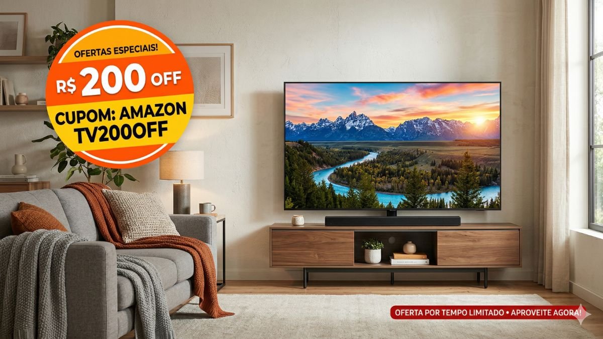 Cupom Amazon com R$ 200 de desconto em Smart TVs exibido em uma sala moderna com TV 4K em destaque