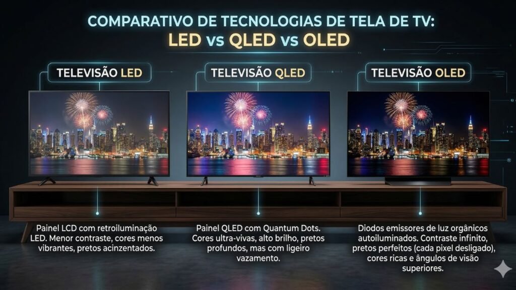 diferença entre paineis led qled e oled em smart tv