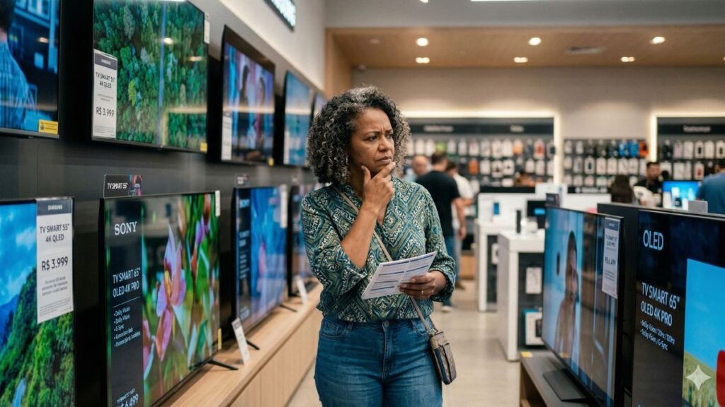Pessoa confusa escolhendo Smart TV em loja