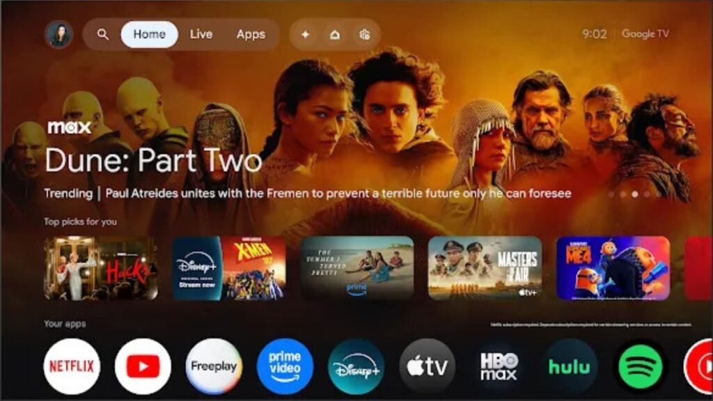 interface do Google TV com recomendações inteligentes e apps