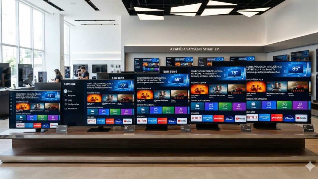 Linha de Smart TVs Samsung U8000F com diferentes tamanhos de tela