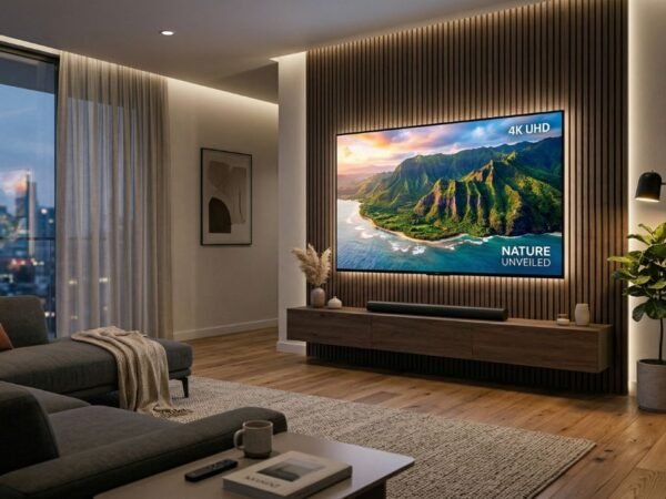 Smart TV moderna exibindo imagem 4K em sala minimalista