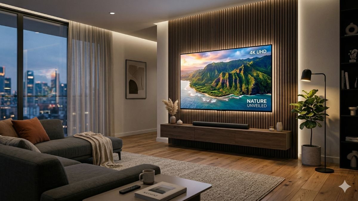 Smart TV moderna exibindo imagem 4K em sala minimalista