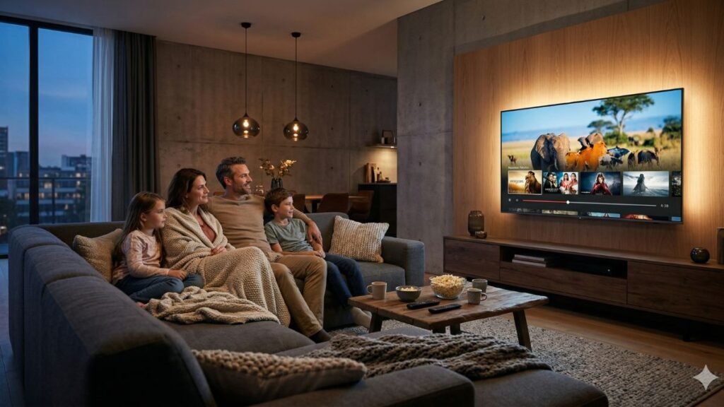 família assistindo conteúdo em smart tv na sala