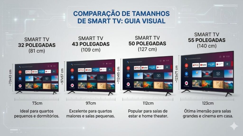 comparação de tamanhos de smart tv 32 43 50 e 55 polegadas