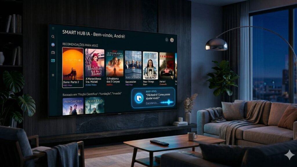 Interface do Vision AI Companion em Smart TV Samsung com recomendações inteligentes