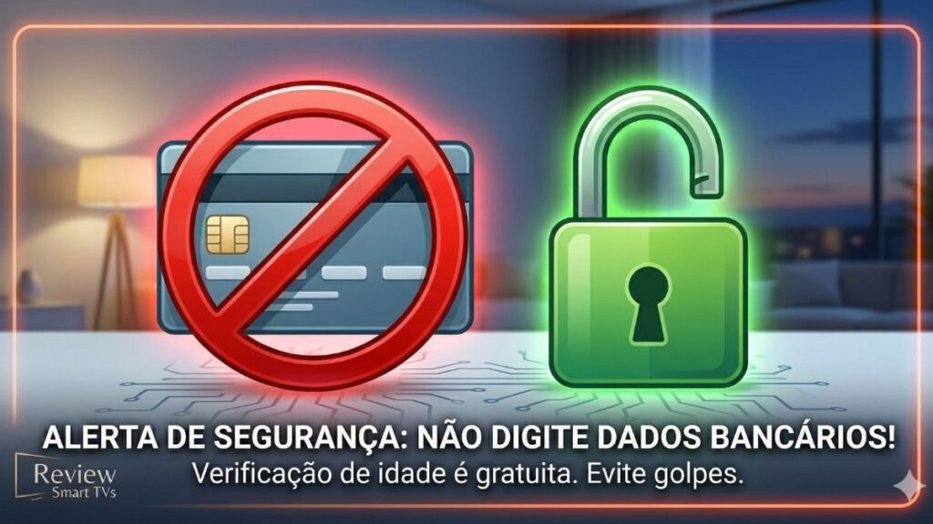 Alerta de segurança visual: ícone de proibido sobre cartão de crédito ao lado de um cadeado verde aberto, com o texto avisando que a verificação de idade na Smart TV é gratuita e para evitar golpes.