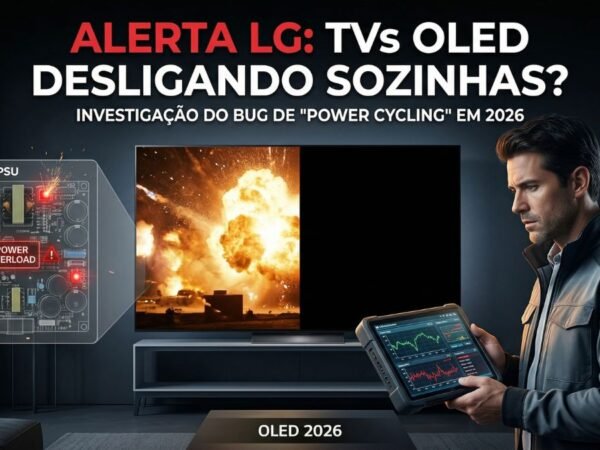 Técnico especialista analisando bug de power cycling em TV LG OLED 2026 com alerta de sobrecarga na fonte PSU durante cena de alto brilho.