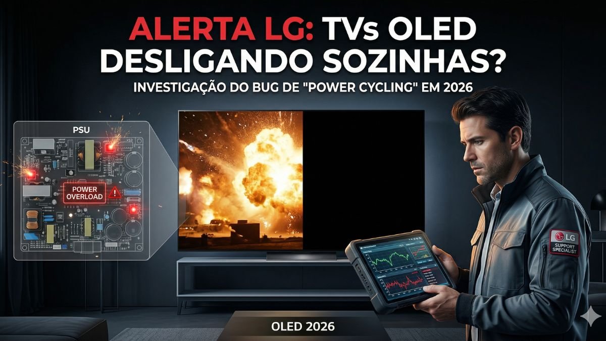 Técnico especialista analisando bug de power cycling em TV LG OLED 2026 com alerta de sobrecarga na fonte PSU durante cena de alto brilho.