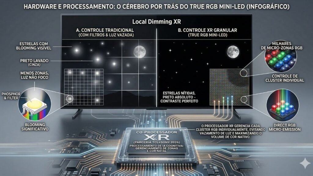 Infográfico técnico comparando o Local Dimming. À esquerda, o controle tradicional com filtros e blooming visível em estrelas. À direita, o controle granular do Co-processador XR da parceria TCL+Sony, gerenciando milhares de micro-zonas RGB nativas para contraste perfeito e zero blooming. A imagem destaca a estrutura de Direct RGB Micro-Emission.