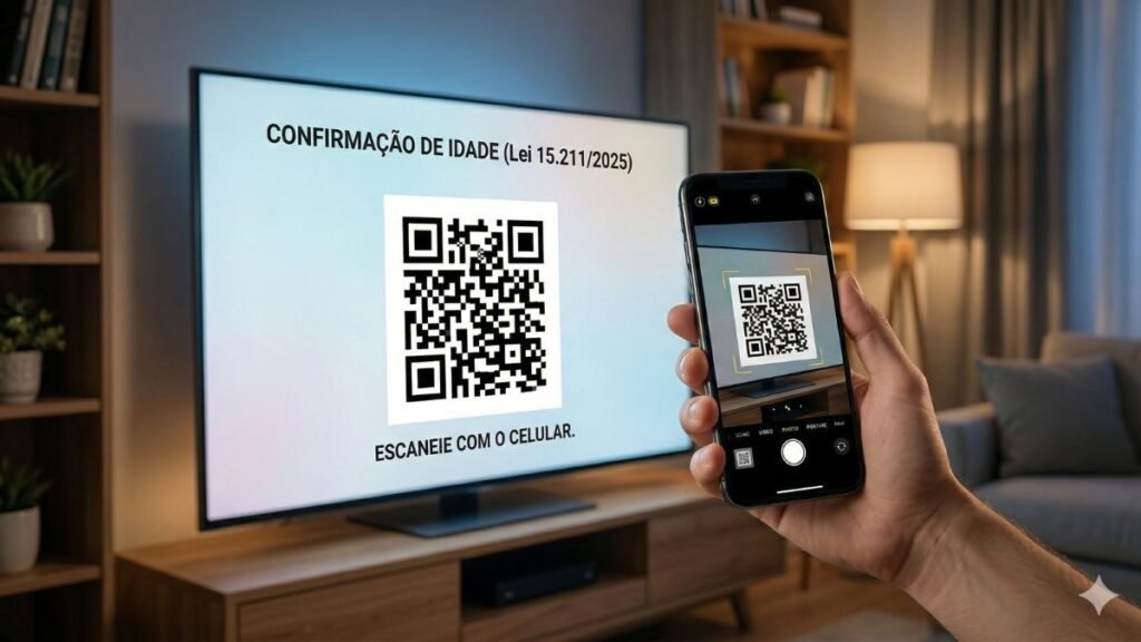 Passo a passo de como escanear o QR Code no celular para confirmar a idade na Smart TV seguindo a Lei 15.211.