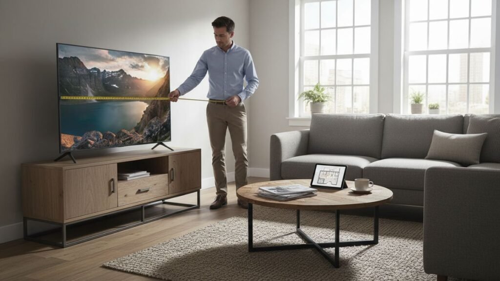 Homem medindo Smart TV na sala para escolher o tamanho ideal para o ambiente