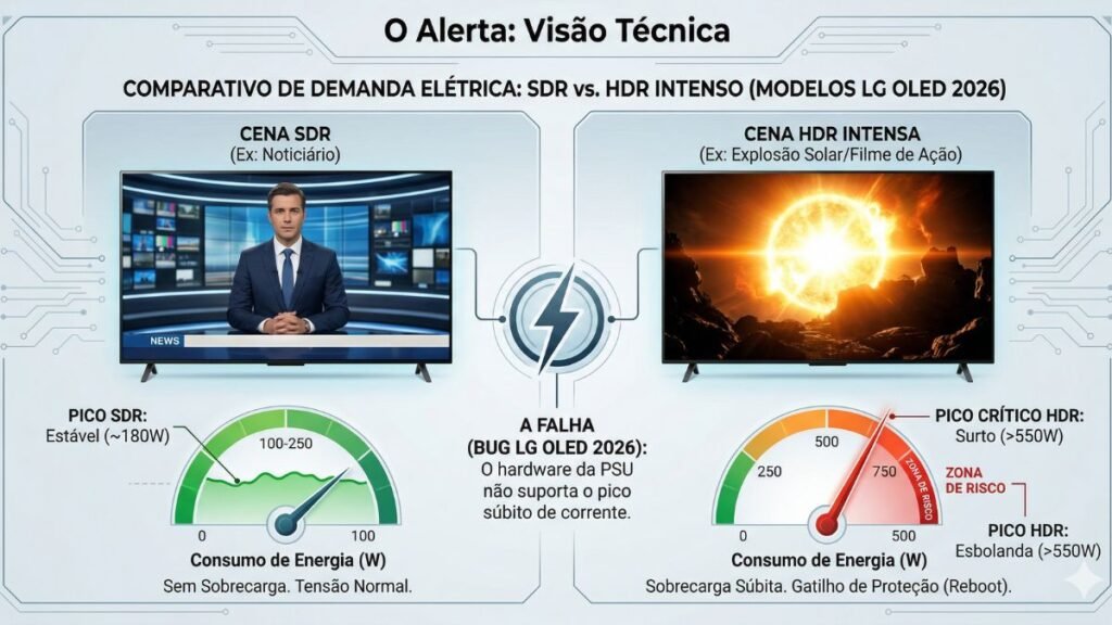 Infográfico técnico comparando o pico de energia de uma TV LG OLED 2026 em cena SDR estável (~180W) versus um surto crítico de energia em cena HDR intensa (>550W), causando o gatilho de reboot na fonte.