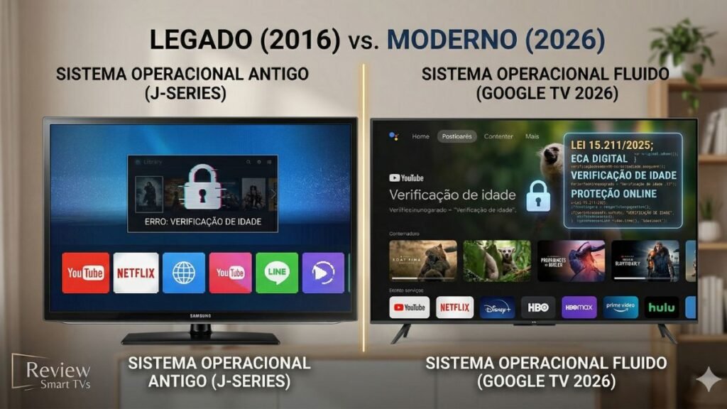 Imagem comparativa de Smart TVs: à esquerda, sistema operacional antigo (Samsung J-Series 2016) travado com erro de verificação de idade e cadeado; à direita, interface moderna (Google TV 2026) fluida com verificação de idade confirmada.