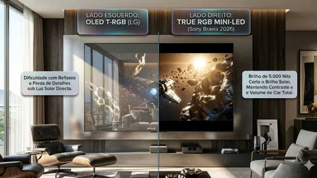 Foto comparativa em sala de estar iluminada pelo sol: à esquerda, uma TV OLED com excesso de reflexos e imagem lavada; à direita, a Sony Bravia 2026 True RGB Mini-LED superando o brilho solar com imagens nítidas, sem reflexos e com cores vibrantes.