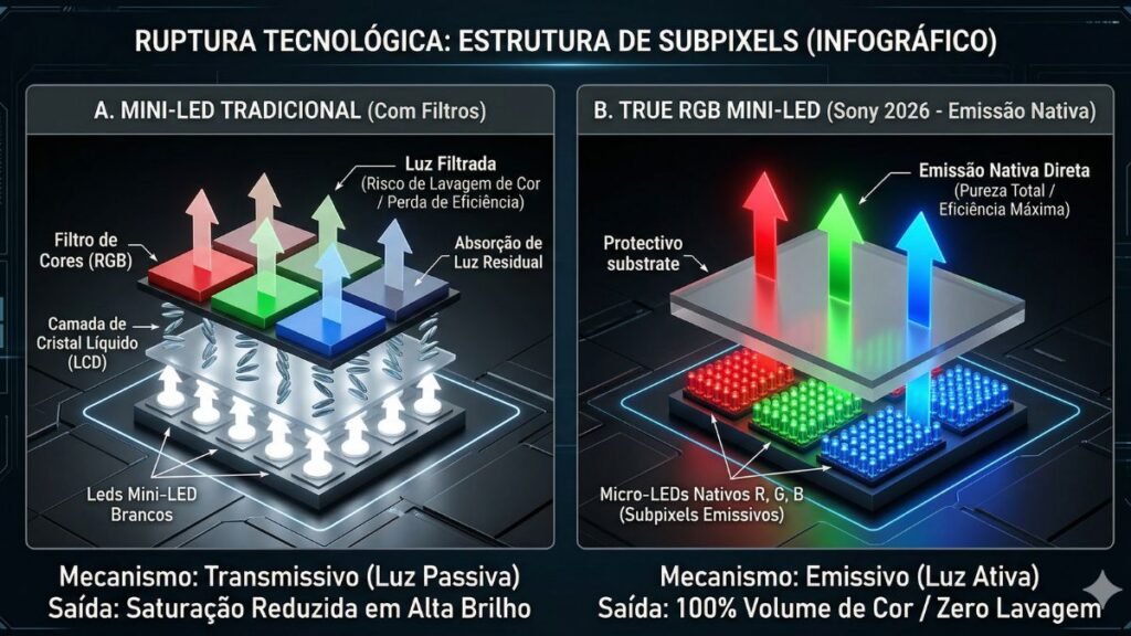 Infográfico técnico comparando a estrutura de subpixels: à esquerda, o Mini-LED tradicional com filtros e luz filtrada; à direita, o True RGB Mini-LED da Sony 2026 com micro-LEDs nativos e emissão direta de cor.