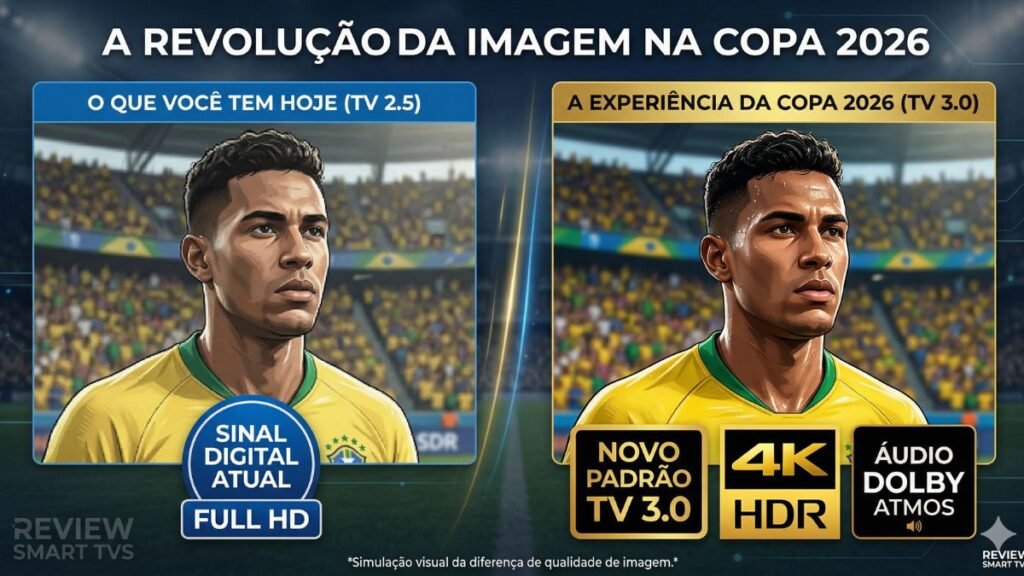Infográfico comparando o sinal digital atual Full HD (TV 2.5) com o novo padrão TV 3.0 Brasil, destacando a evolução para 4K HDR e Áudio Dolby Atmos para a Copa de 2026.