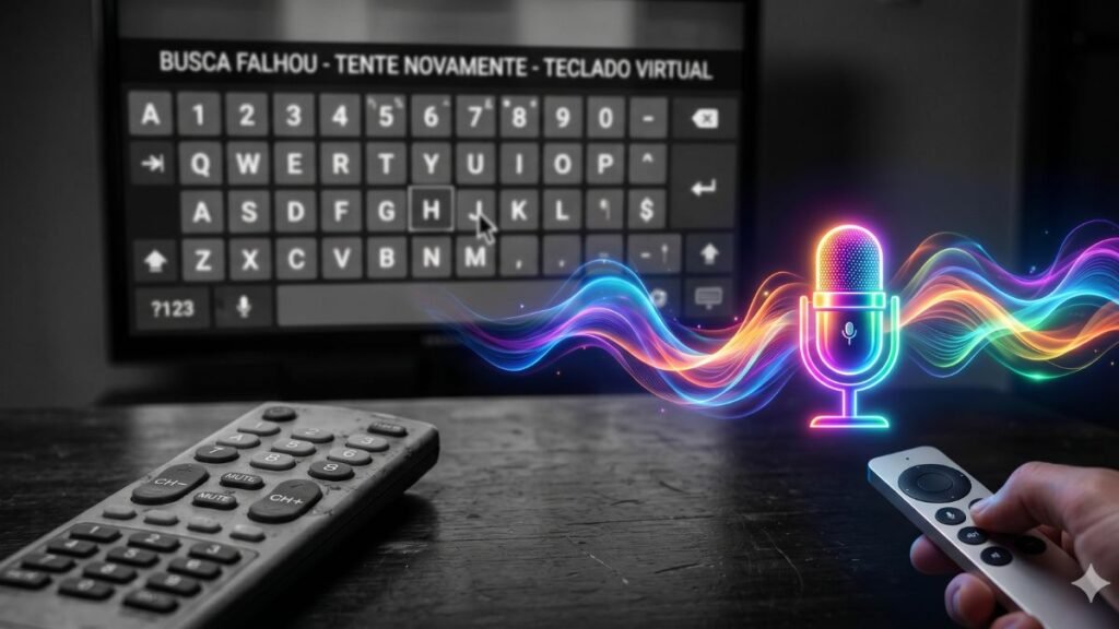 Composição visual mostrando um controle remoto antigo e teclado virtual de TV em preto e branco ao fundo, contrastando com um ícone de microfone vibrante e ondas sonoras coloridas em destaque, representando a IA na Smart TV 2026.