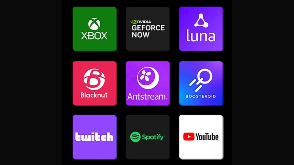 Nova interface do Gaming Hub 2.0 no Tizen 9.0 da Samsung, exibindo ícones de serviços de jogos em nuvem e menu de acesso rápido.