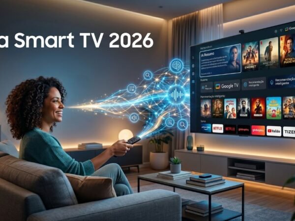 Mulher sentada em um sofá em uma sala moderna, utilizando comandos de voz para interagir com uma interface inteligente de Smart TV. A imagem apresenta o texto 'IA na Smart TV 2026' e mostra elementos visuais do Google TV e Samsung Tizen.
