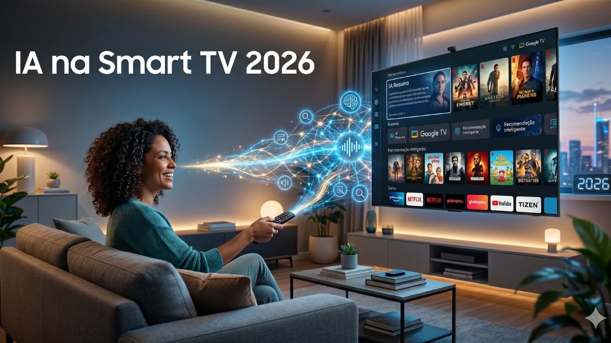 Mulher sentada em um sofá em uma sala moderna, utilizando comandos de voz para interagir com uma interface inteligente de Smart TV. A imagem apresenta o texto 'IA na Smart TV 2026' e mostra elementos visuais do Google TV e Samsung Tizen.