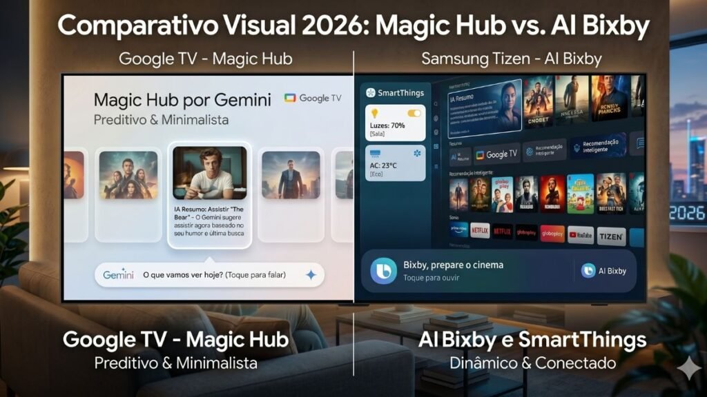 Comparativo de interface UX entre Google TV Magic Hub e Samsung Tizen AI Bixby em 2026.