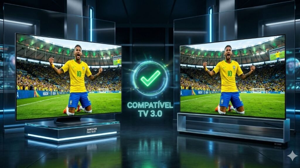 Comparativo de Smart TVs Samsung Neo QLED e LG OLED prontas para o sinal da TV 3.0 na Copa do Mundo.