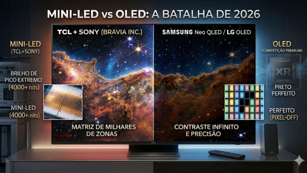 Infográfico comparativo de 2026 entre a tecnologia Mini-LED da TCL Sony (4000 nits e milhares de zonas) e a tecnologia OLED (contraste infinito e pretos perfeitos).